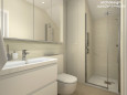 Projekt klasycznej łazienki z małym prysznicem z drzwiami przesuwnymi oraz szafką wiszącą z lustrzanym frontem