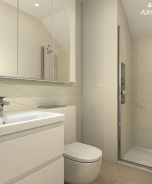 Projekt klasycznej łazienki z małym prysznicem z drzwiami przesuwnymi oraz szafką wiszącą z lustrzanym frontem