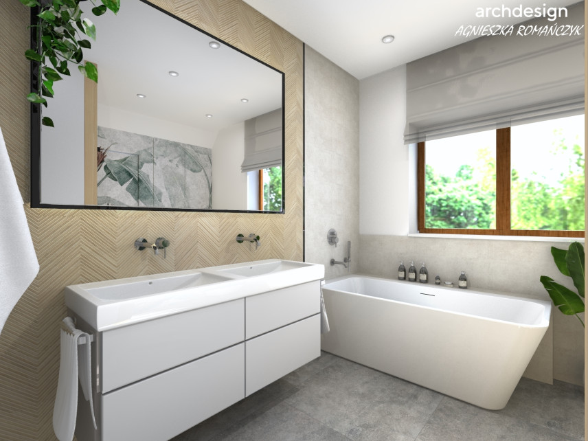 Projekt łazienki z białą szafką wiszącą, z dwoma umywalkami nablatowymi, wanną wolnostojącą oraz oknem