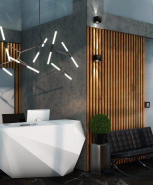Designerska recepcja z lamelem drewnianym na ścianie
