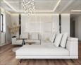 Salon z napinanym sufitem, beżową sofą i panelami w kolorze wenge