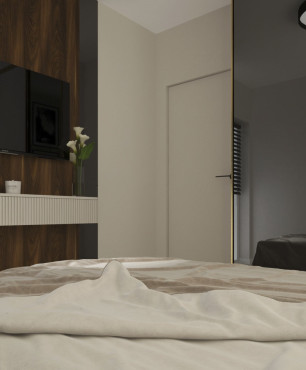 Sypialnia z drewnem na ścianie w kolorze wenge oraz z telewizorem