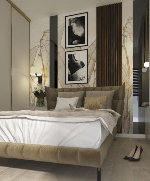 Sypialnia z dużą szafą w zabudowie oraz dużym tapicerowanym łóżkiem