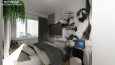 Mała sypialnia z czarno-białą tapetą na ścianie