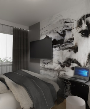 Mała sypialnia z czarno-białą tapetą na ścianie