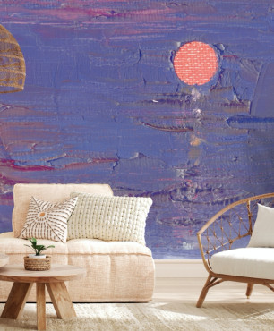 Duży salon z tapetą na ścianie przedstawiającą zachód słońca