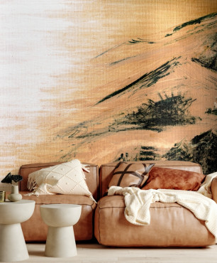 Salon z designerskim wypoczynkiem oraz z oryginalną tapetą na ścianie z firmy FOORMAT