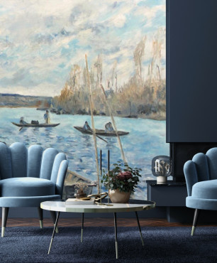 Salon z niebieskim akcentem oraz designerskimi fotelami w kształcie muszli