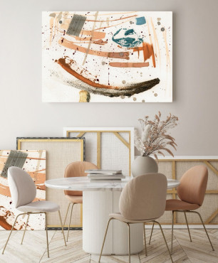 Jadalnia ze stołem na jednej nodze oraz obrazem ręcznie malowany