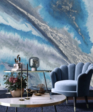 Salon z tapetą z motywem kosmosu na ścianie