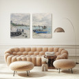 Nowoczesny salon z tapicerowaną, pikowaną, stylową sofą w kolorze beżowym oraz z obrazem na płótnie