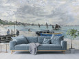 Tapeta THE BEACH AT SAINTE-ADRESSE Claude Monet w salonie z niebieską sofą
