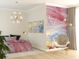 Sypialnia w pastelowych kolorach z tapetą na ścianie z firmy FOORMAT
