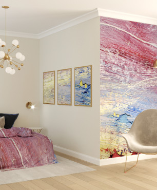 Sypialnia w pastelowych kolorach z tapetą na ścianie z firmy FOORMAT