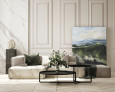 Piękny salon ze sztukaterią na ścianie, gresem oraz oryginalnym obrazem z firmy FOORMAT