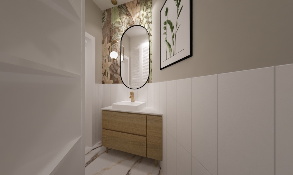 Mała łazienka z tapetą oraz eliptycznym lustrem na ścianie