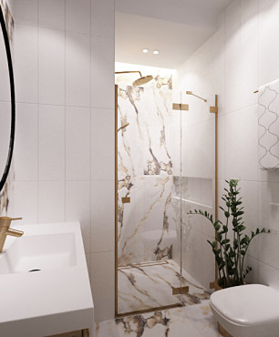 Łazienka z prysznicem oraz białymi, gresowymi płytkami na ścianie i podłodze