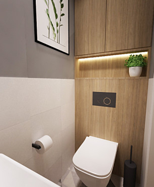 Małe wc z drewnem na ścianie