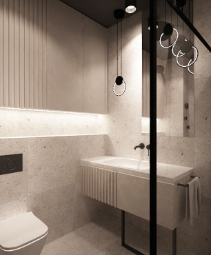 Projekt łazienki gościnnej z szarymi płytkami na ścianie i podłodze