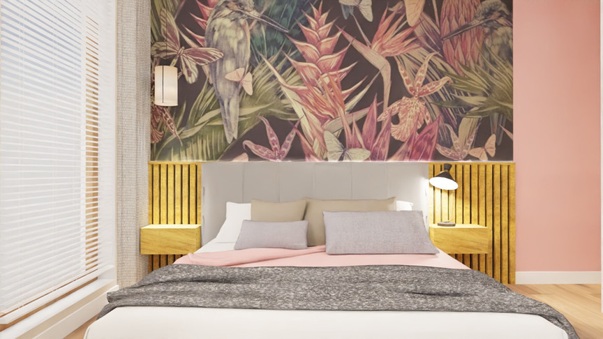 Sypialnia z botaniczną tapetą na ścianie