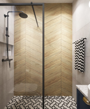 Łazienka z prysznicem oraz podłogą w kolorze biało-czarnym