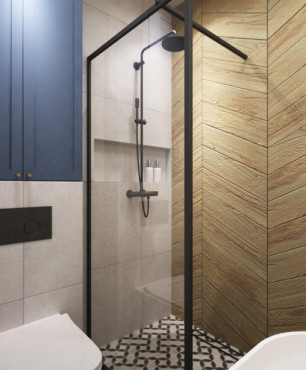 Mała łazienka z prysznicem walk-in oraz imitacją drewnianych płytek na ścianie