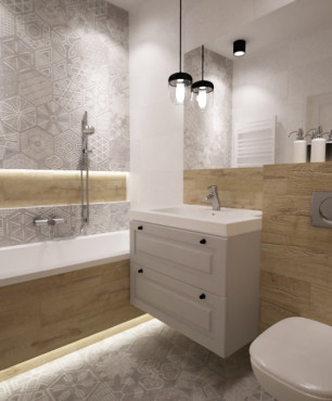 Projekt łazienki z wanną w zabudowie z imitacją drewnianych płytek
