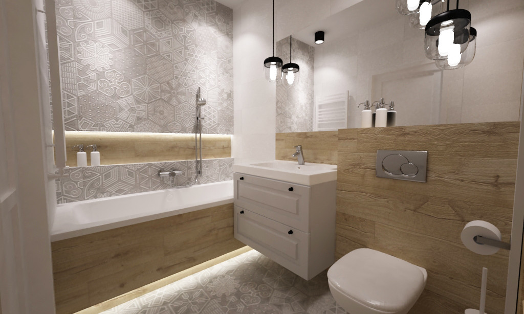 Projekt łazienki z wanną w zabudowie z imitacją drewnianych płytek