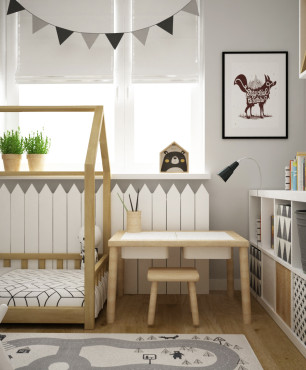 Projekt pokoju dziecięcego z drewnianym łóżkiem domek