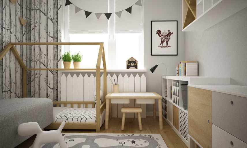 Projekt pokoju dziecięcego z drewnianym łóżkiem domek