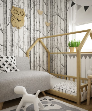 Pokój dziecięcy z drewnianym łóżkiem domek
