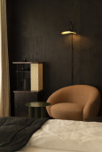 Salon z nietypowym czarnym kolorem drewnianej ściany