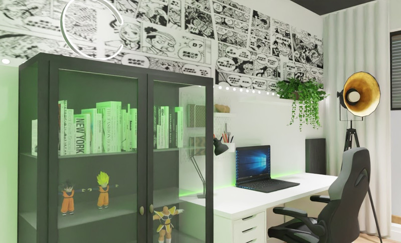 Designerski pokój nastolatka z komiksem na ścianie