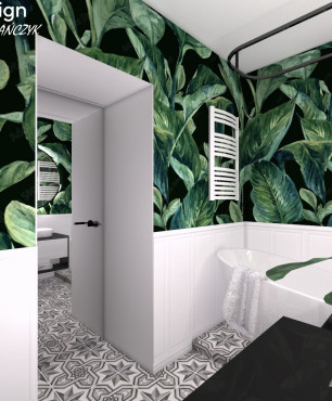 Projekt łazienki z motywem florystycznym na ścianie