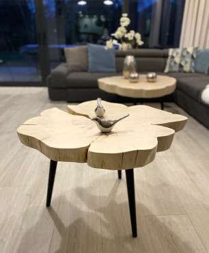 Salon z pięknym drewnianym stolikiem w kształcie czterolistnej koniczyny