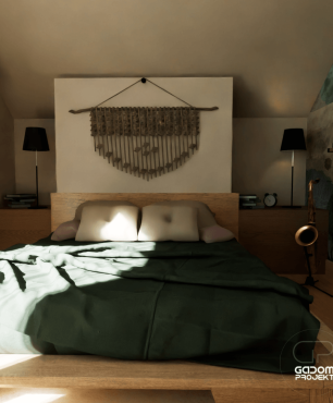 Sypialnia z makramą na ścianie