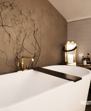 Nowoczesna łazienka z ceramiczną wanną wolnostojącą oraz nietypowym wzorem na ścianie