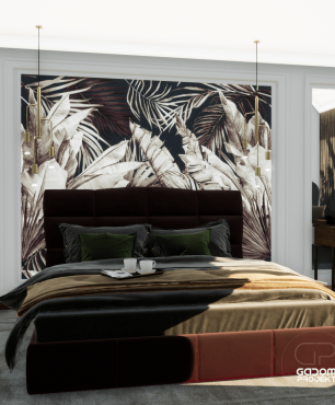Projekt sypialni z dużym tapicerowanym łóżkiem