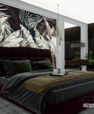 Sypialnia z brązowym, tapicerowanym łóżkiem kontynentalnym
