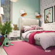 Projekt sypialni z tapicerowanym łóżkiem oraz różowym dywanem