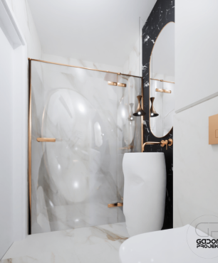 Projekt artystycznej łazienki ze stojącą umywalką