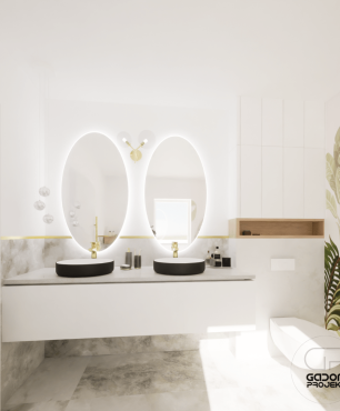 Projekt łazienki z dwoma umywalkami nablatowymi w kolorze czarnym