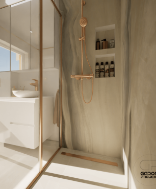 Projekt łazienki z odpływem liniowym oraz armaturą w złotym kolorze