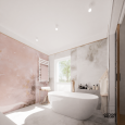 Łazienka z różowymi płytkami na ścianie oraz wanną ceramiczną