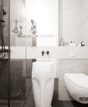 Projekt łazienki ze stojącą umywalką w kolorze białym oraz z prysznicem