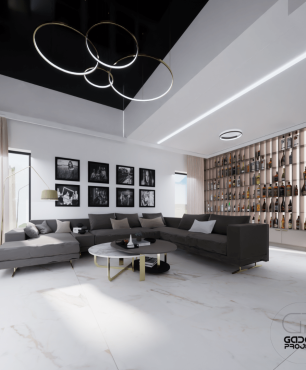 Projekt salonu w stylu glamour z białym kolorem ścian oraz czarnym sufitem