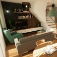 Salon z zielonym fotelem oraz szarą sofą