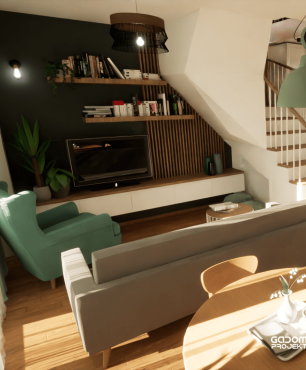 Salon z zielonym fotelem oraz szarą sofą