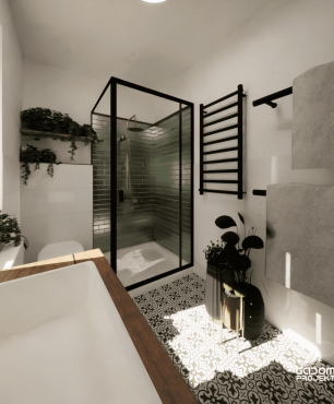 Łazienka z płytkami na ziemi patchwork, prysznicem z drzwiami przesuwnymi oraz białymi płytkami na ścianie