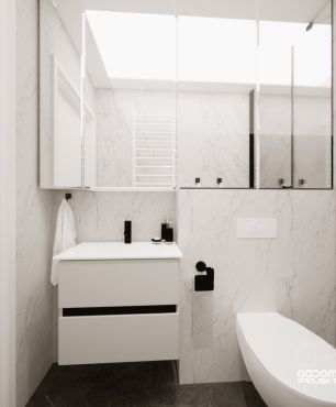 Projekt łazienki z białą szafką wiszącą oraz szafką na umywalką z lustrzanym frontem
